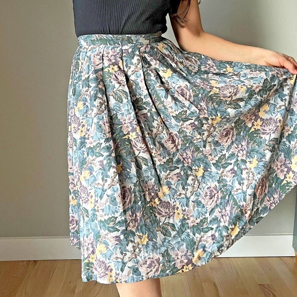 Vtg 80s J.G. Hook Green Floral Preppy Full A-Line pleated Skirt retro size 6